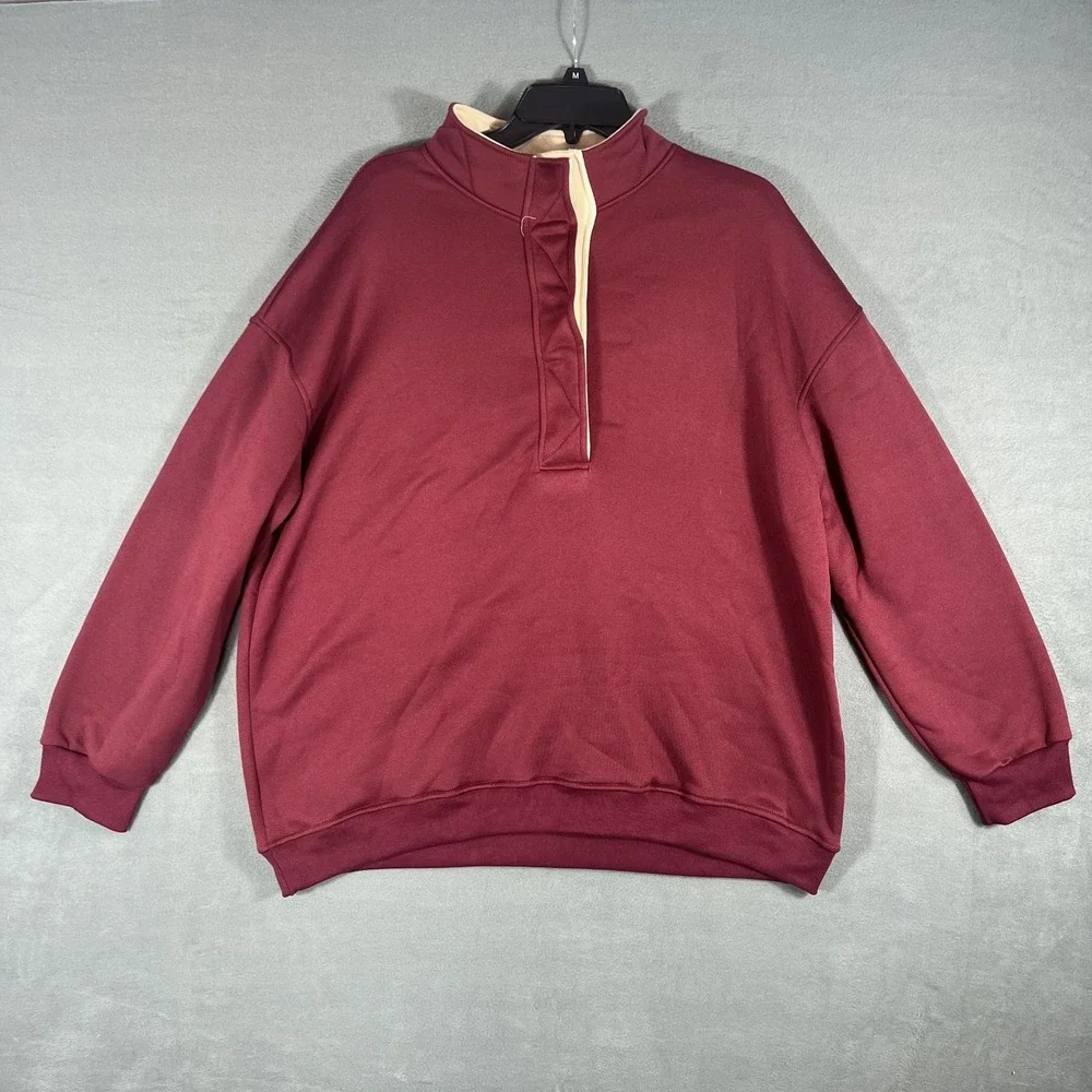 Women's Burgundy Cream Snap Collar Pullover Fleece Sweater Size XL Relaxed Fit